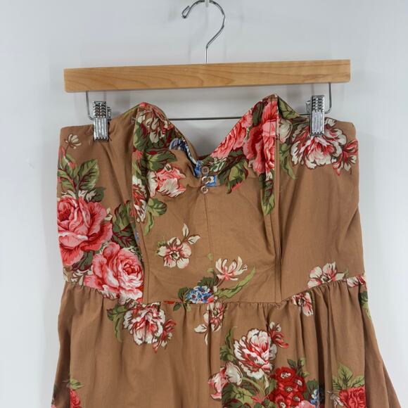 Y2K Strapless Sweetheart Tube Dress Brown Floral Mini Boho Cottagecore Size XL - Picture 3 of 11
